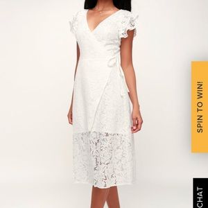 LACES AND PAPER FLOWERS WHITE LACE WRAP MIDI DRESS